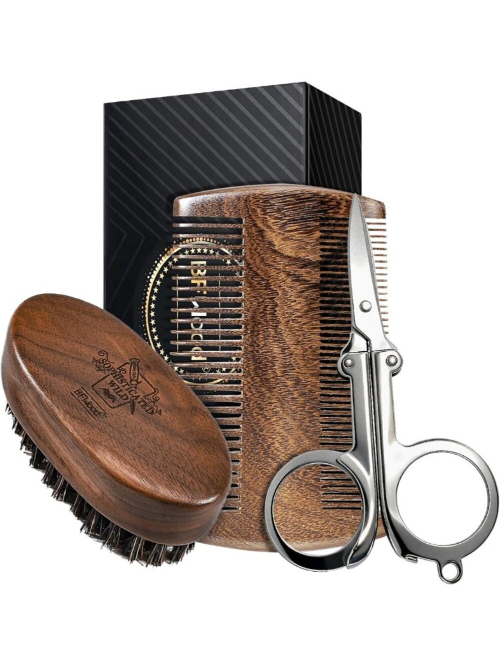 Travel Beard Brush Comb Kit - Natural Boar Bristles, Mustache Scissors & Bag